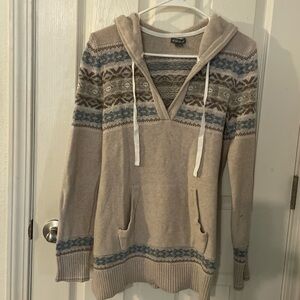 Women’s Eddie Bauer Fair Isle Knit Beige Hoodie Sweater Pocket Sz M 100% cotton